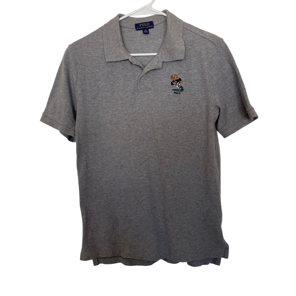 Polo Ralph Lauren Pique Polo Football Bear Embroidered Heathered Gray Large